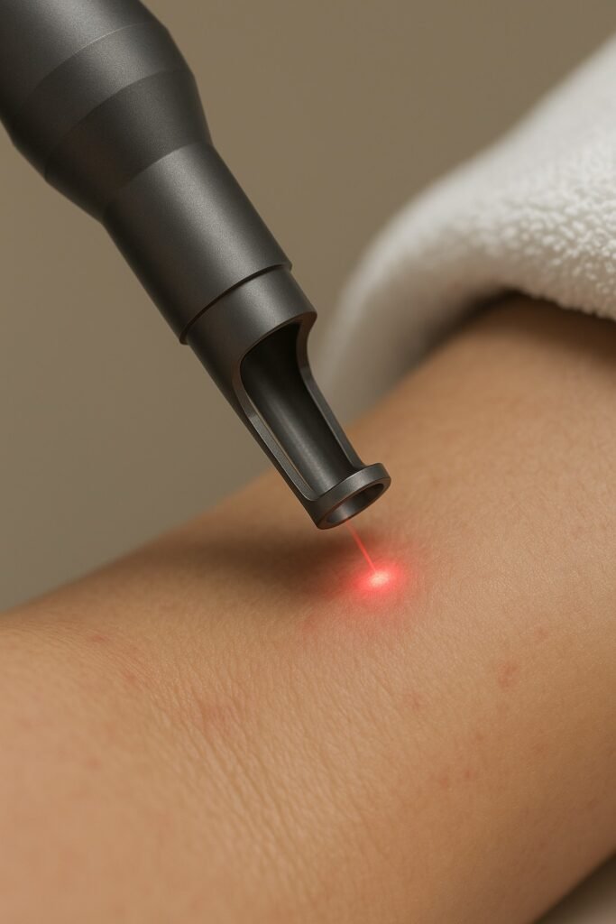 Close-up van een Picoway laser die de huid behandelt met precisie en minimale roodheid