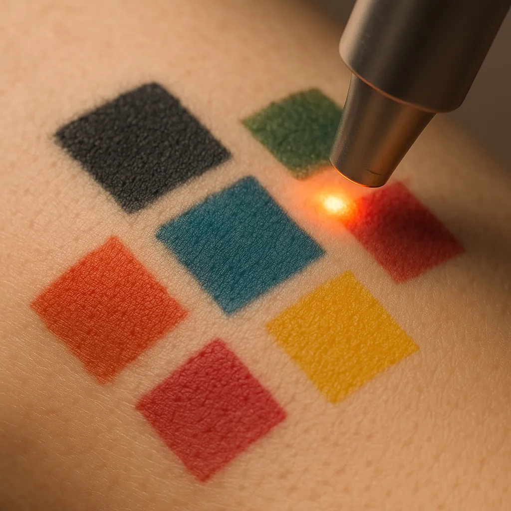 Laser gericht op gekleurde tatoeageblokken voor verwijdering