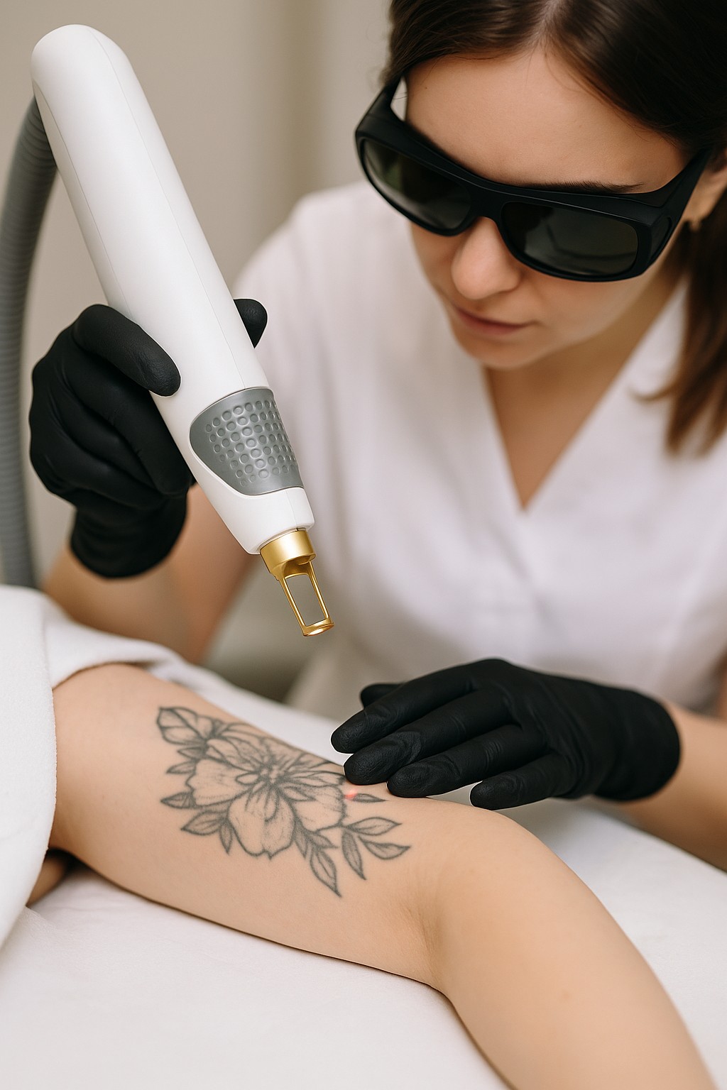 Close-up van een laserbehandeling voor tattoo removal waarbij een tatoeage stap voor stap wordt verwijderd