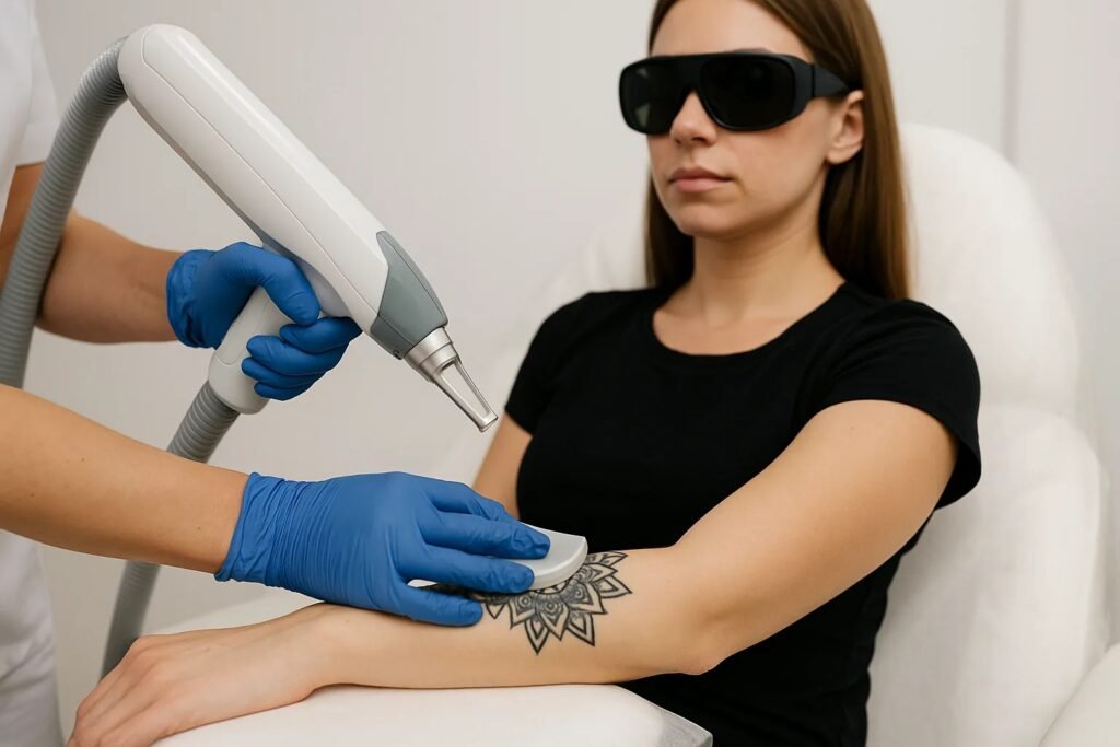 Laser tattoo removal op onderarm met koeling; cliënt met beschermbril in klinische setting.