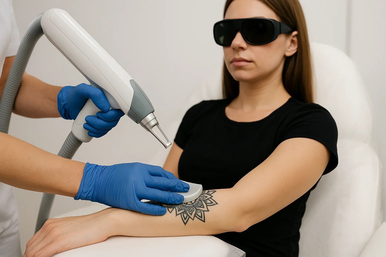 Laser tattoo removal op onderarm met koeling; cliënt met beschermbril in klinische setting.