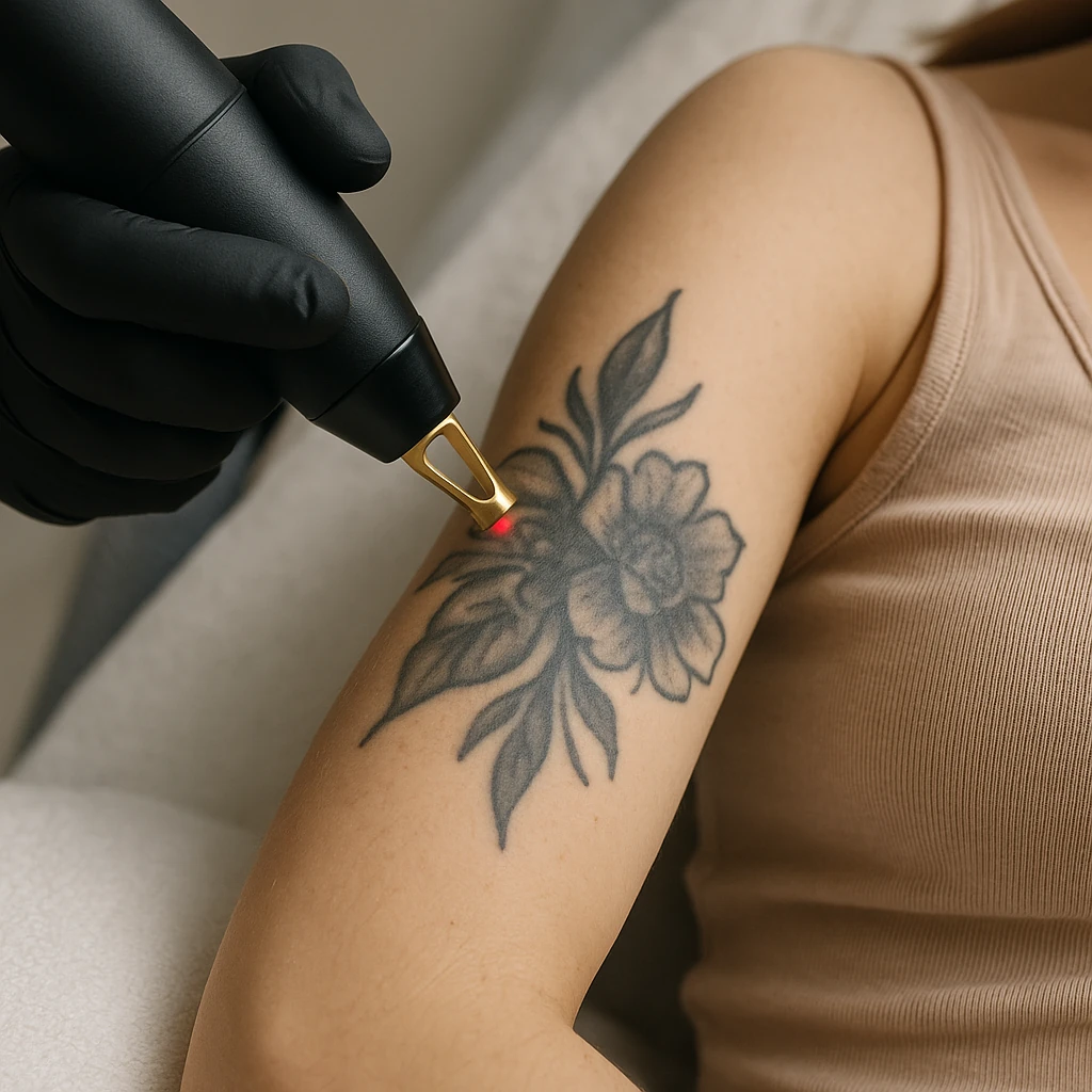 Close-up van een laserbehandeling om een bloemvormige tattoo op de arm te verwijderen.