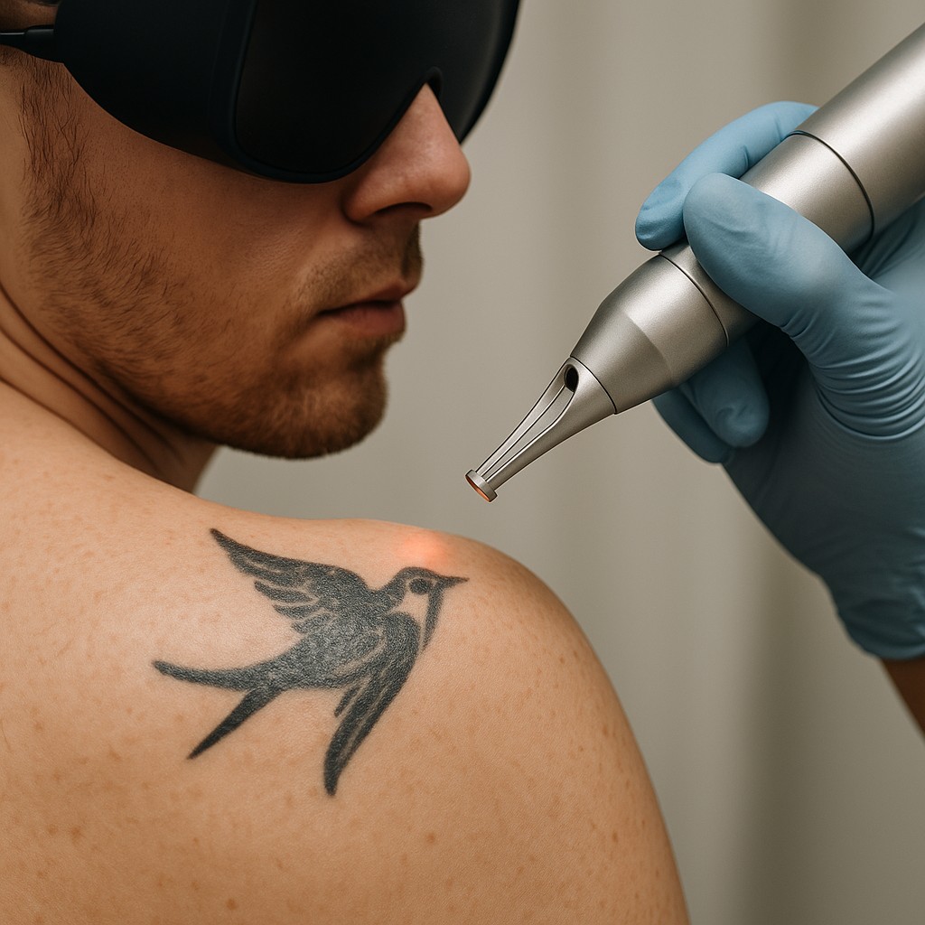 Close-up van laserapparaat tijdens tattoo verwijdering; professionele klinische setting met focus op precisie.
