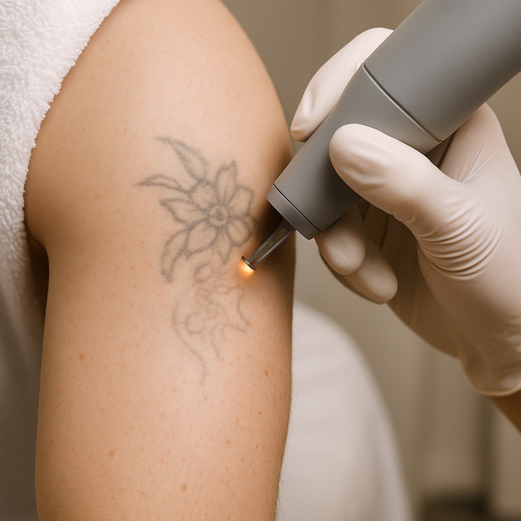 Close-up van een arm met een vervagende tatoeage tijdens een laserbehandeling voor tattoo verwijderen.