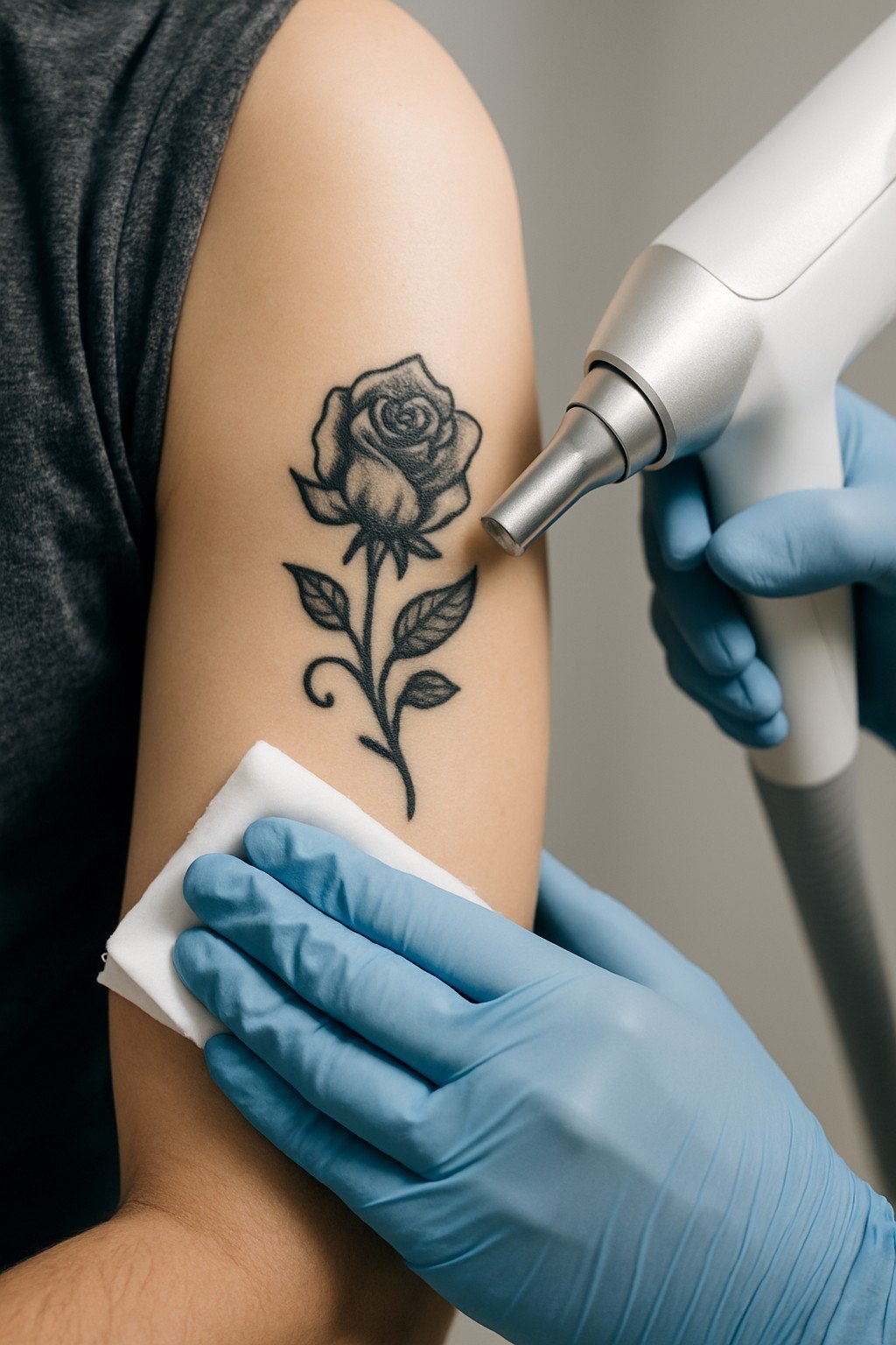 Laser verwijdert tatoeage op bovenarm in klinische setting