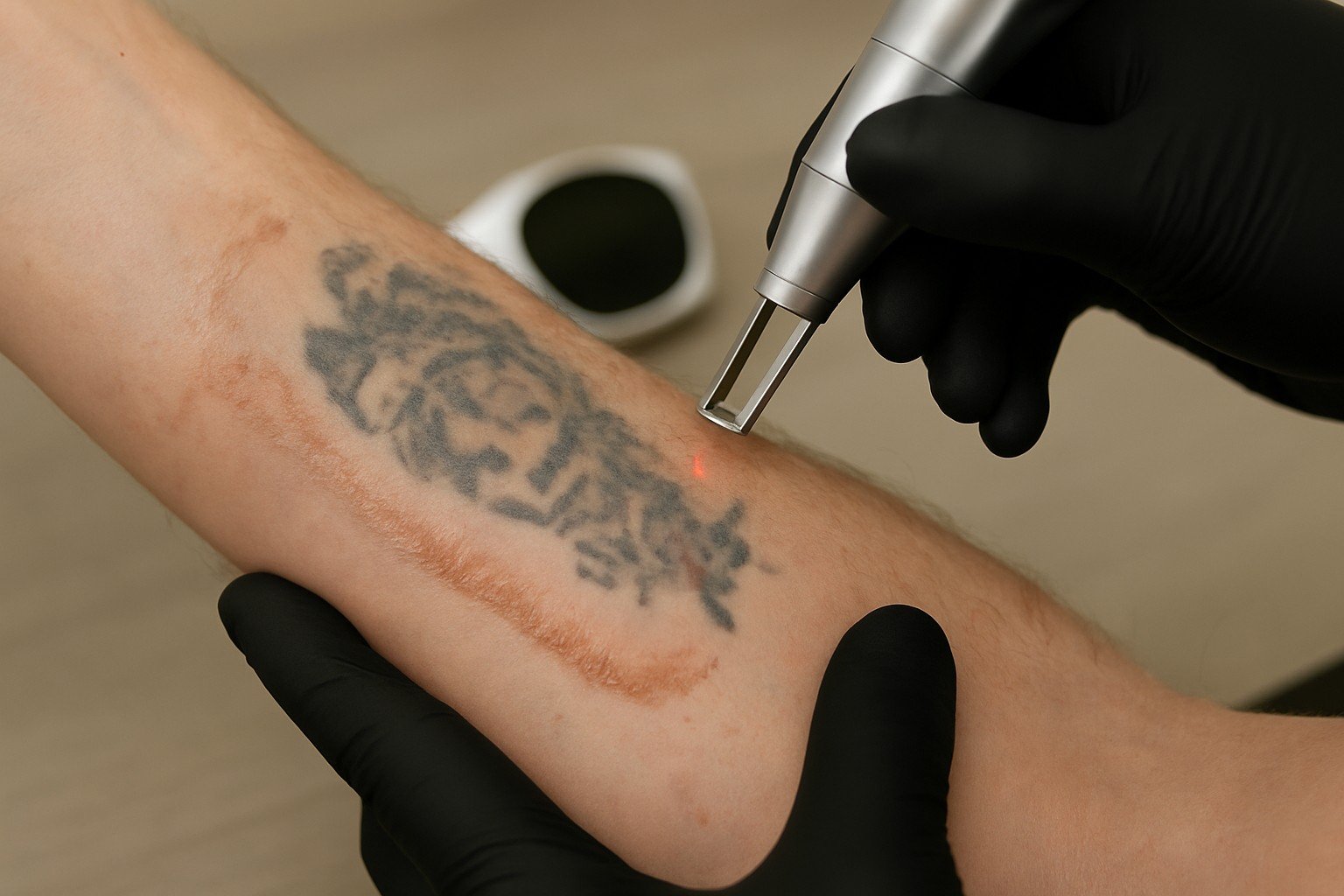 Tattoo verwijdering bij oude, patchy inkt op de onderarm; precisielaser met rode doellicht.