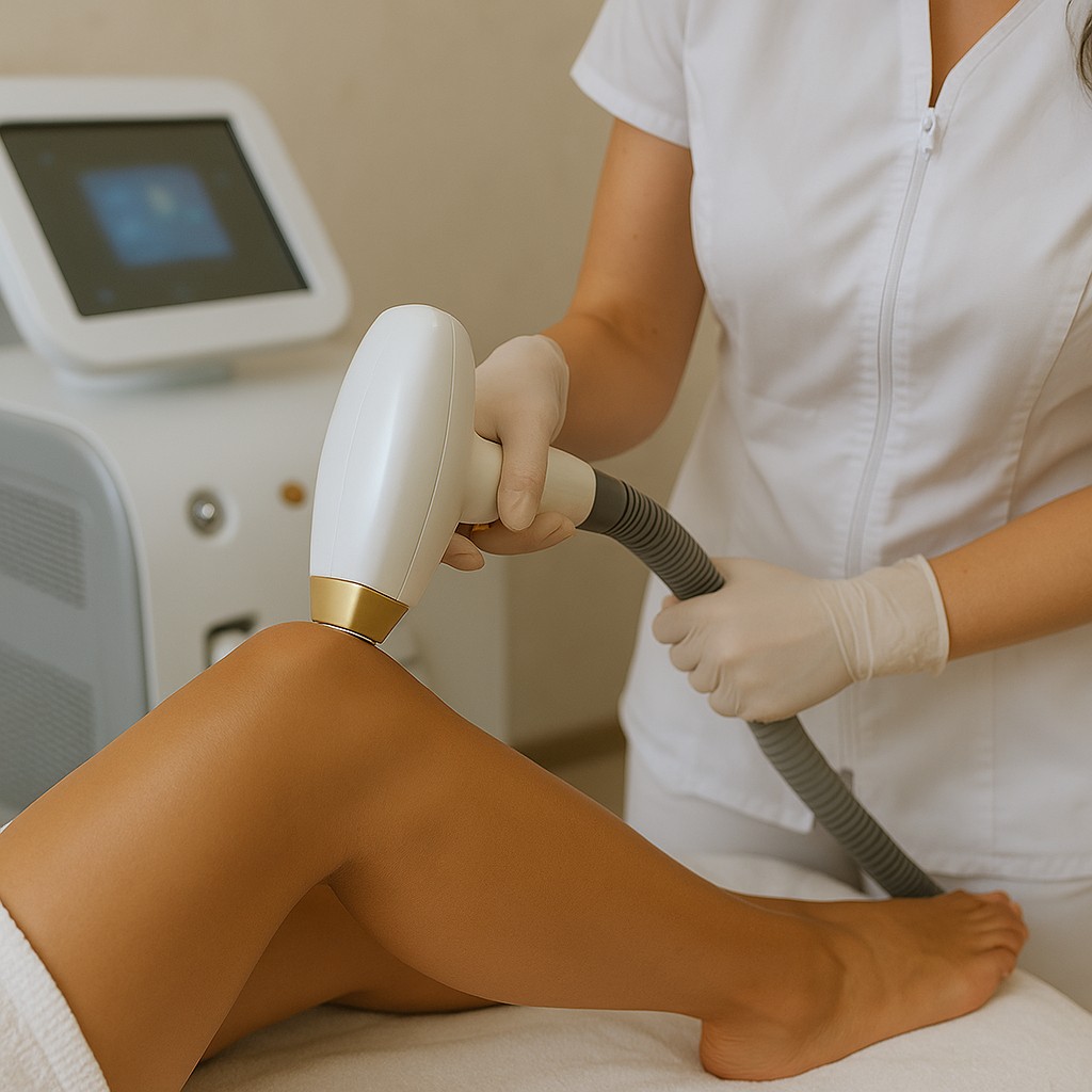 Specialist voert laserontharing uit op het been van een cliënt in een moderne kliniek.