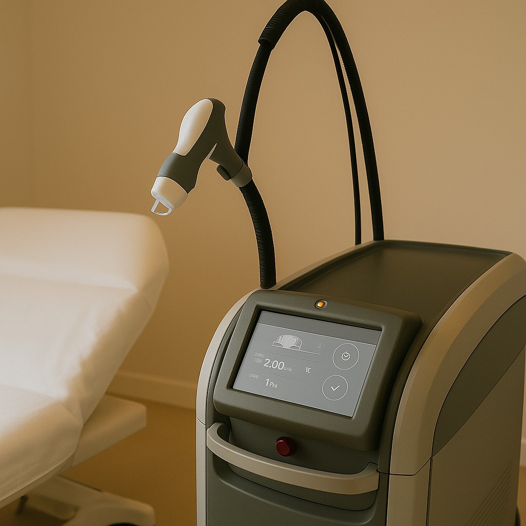 Moderne laserbehandelingsapparatuur in een esthetische kliniek met behandelstoel op de achtergrond.
