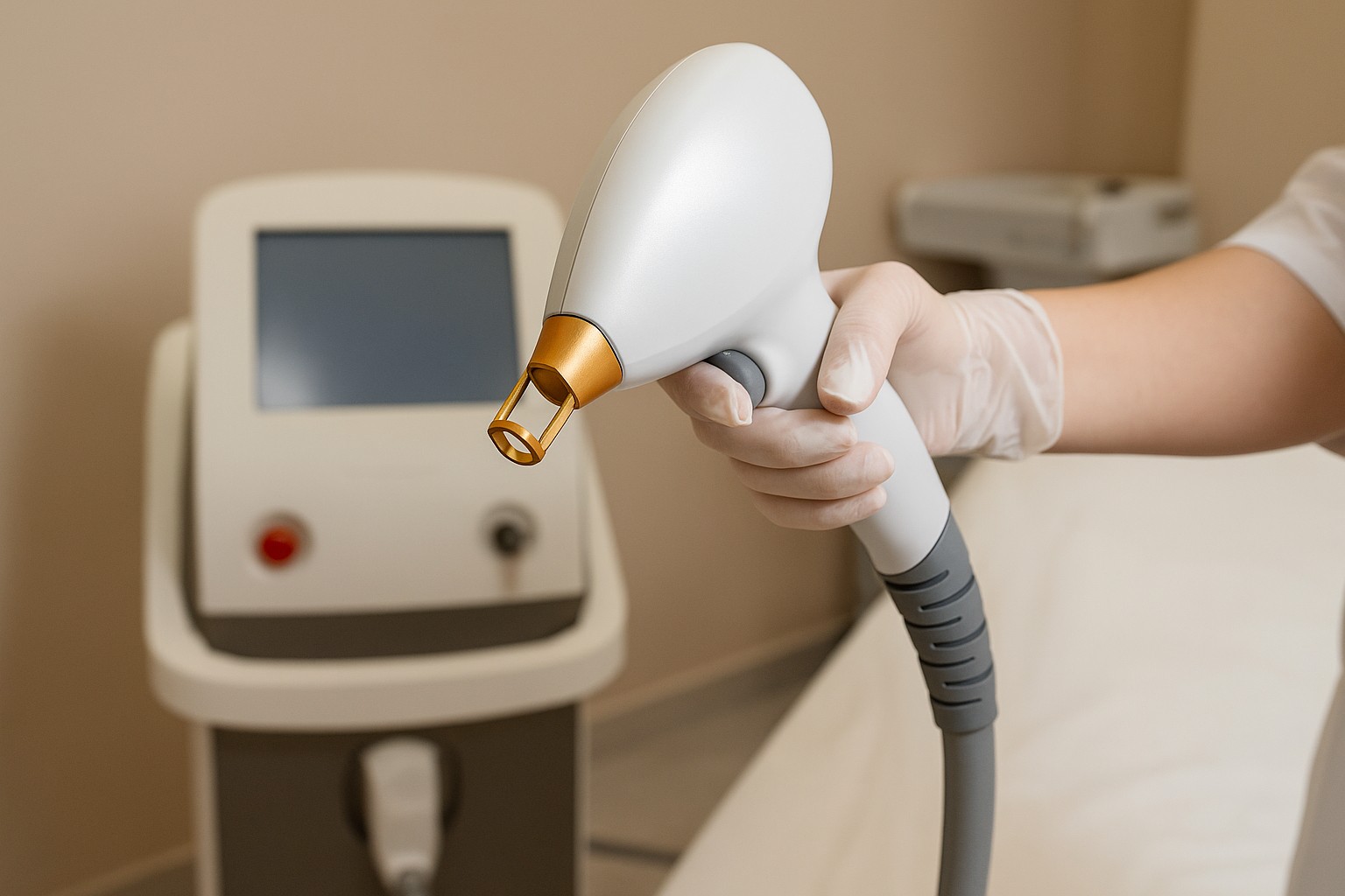 Hand met handschoen houdt laserapparaat met gouden tip in moderne behandelruimte