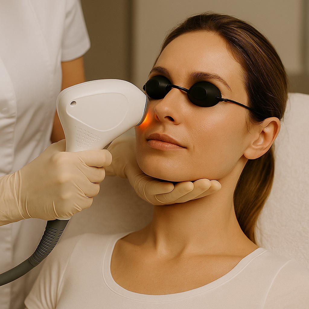 Vrouw ondergaat een laserbehandeling in een kliniek, met oogbescherming en een professionele laserhandstuk op haar huid gericht.