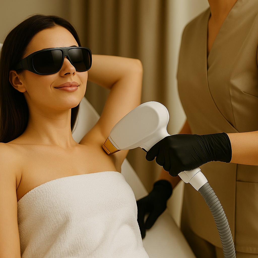 Vrouw ondergaat laserontharing van de oksel door een specialist met diodelaser in moderne kliniek.