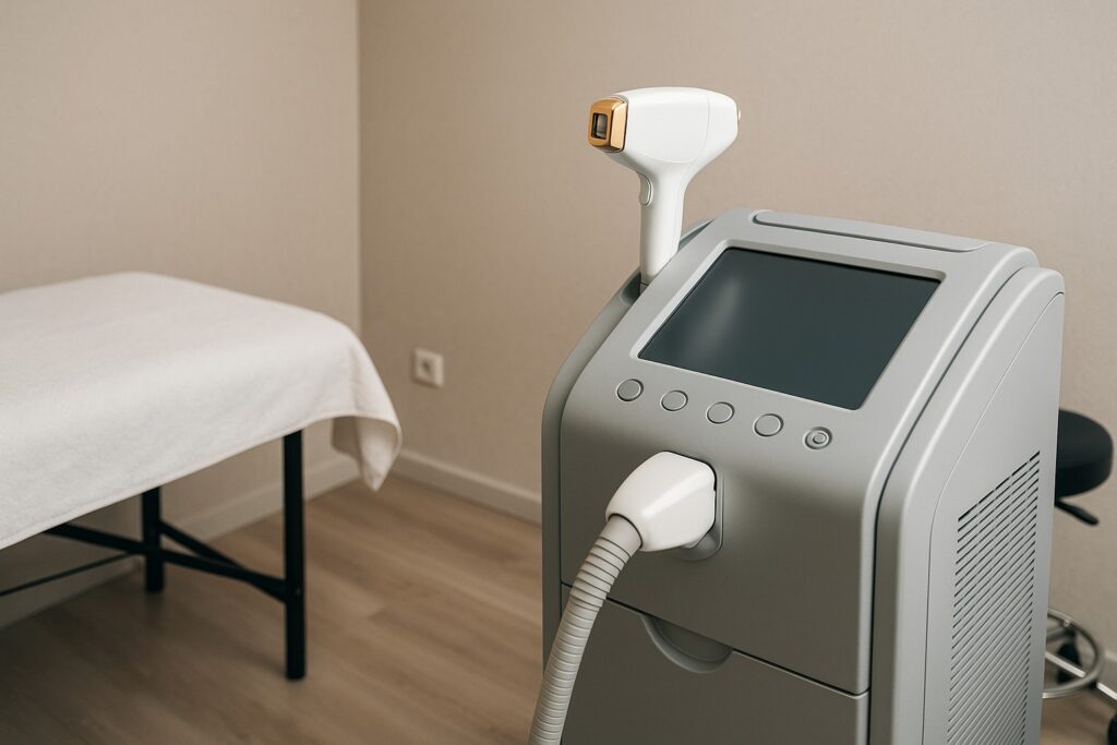 Moderne laserkliniek in Almere met professionele laserontharingsapparatuur in een strakke behandelruimte zonder mensen.