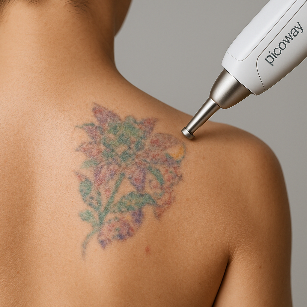 Picoway laser verwijdert multicolor tattoo op de schouder met precisie