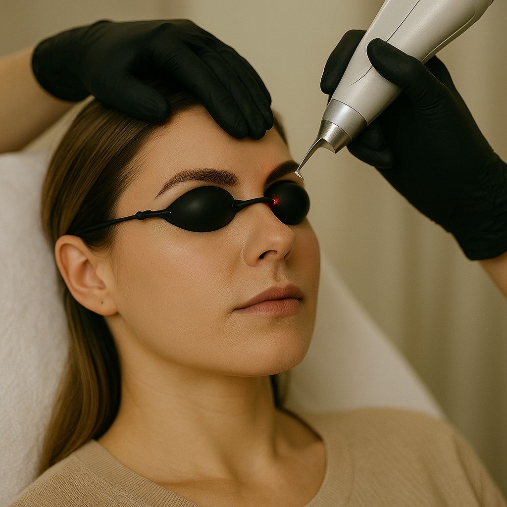 Aesthetician performing a precise laser treatment on a woman’s eyebrow area while the client wears protective black goggles.