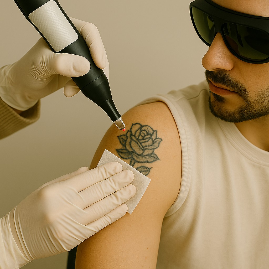 Specialist verwijdert tatoeage van man met laserbehandeling op bovenarm.