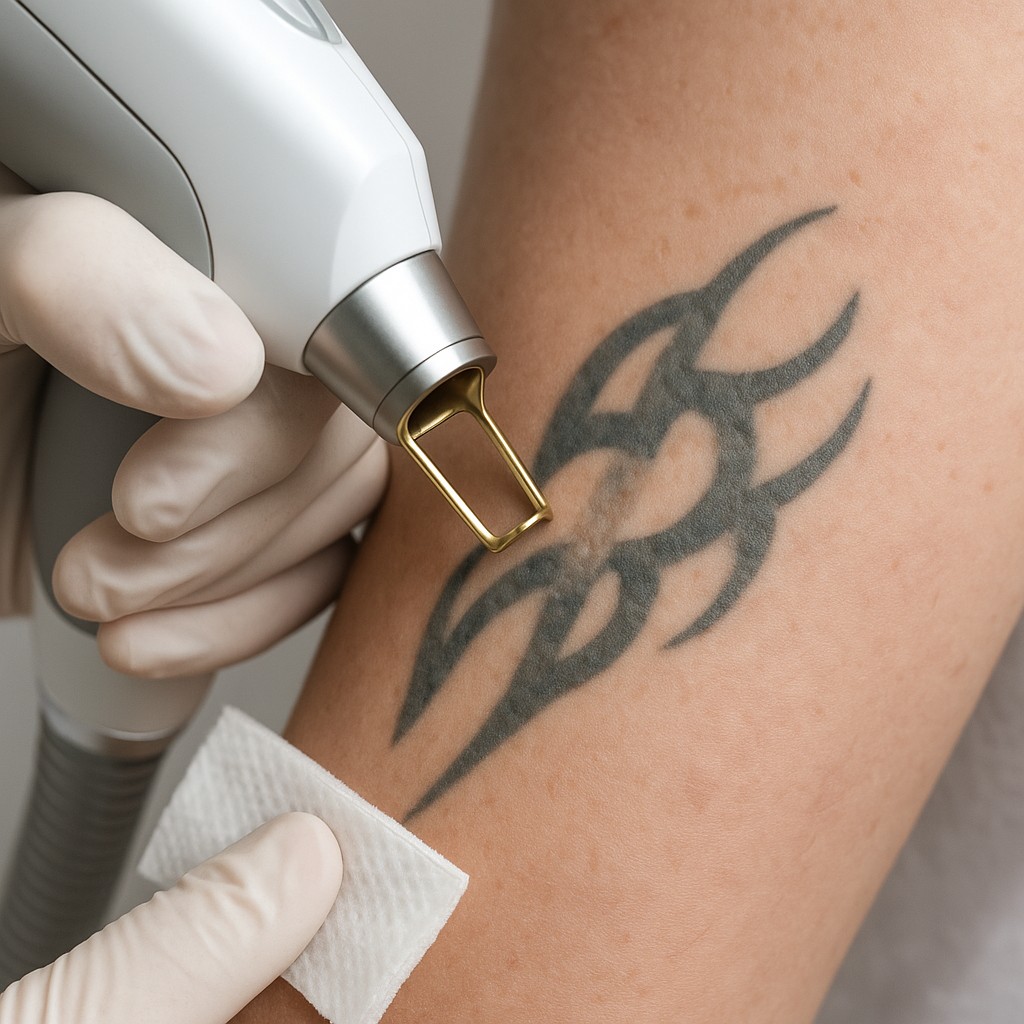 Close-up van een specialist die met een laserapparaat een tatoeage verwijdert van een onderarm.