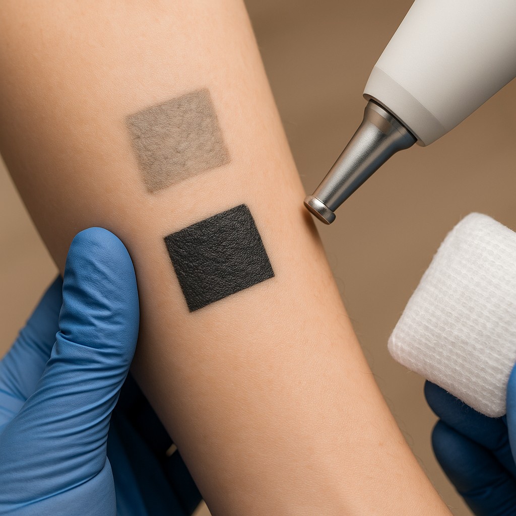 Voorarm met koelpad en laser; links vervaagde oude inkt, rechts donkere nieuwe inkt uitleg inktleeftijd.