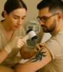 Een specialist onderzoekt een tatoeage op de bovenarm van een man met behulp van een huidanalyseapparaat in een klinische omgeving.