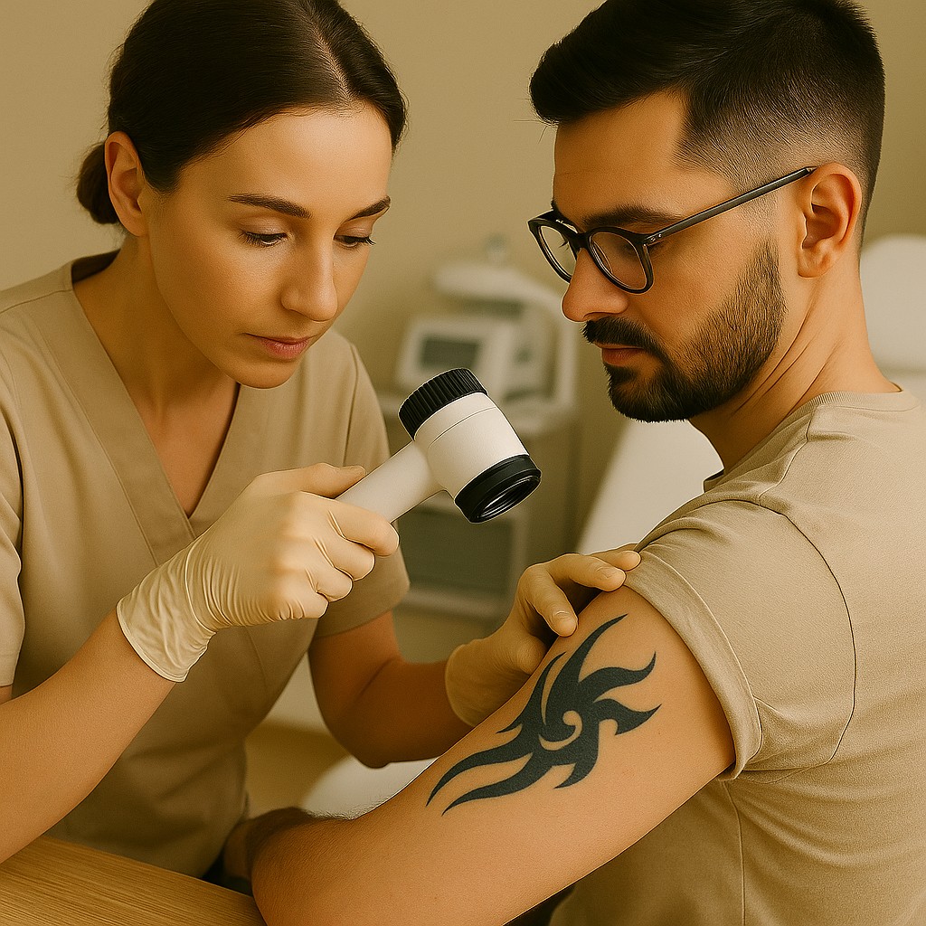 Een specialist onderzoekt een tatoeage op de bovenarm van een man met behulp van een huidanalyseapparaat in een klinische omgeving.