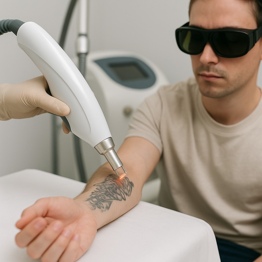 Laserbehandeling van een zwart/grijze tattoeage op de onderarm; patiënt met beschermbril in kliniek.