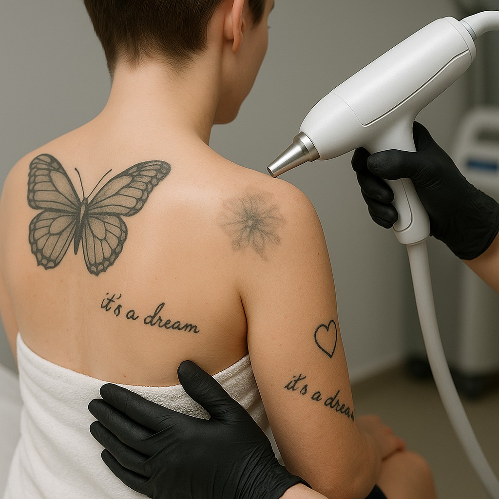 Specialist voert laserbehandeling uit om meerdere tattoos op de schouder te verwijderen — moderne techniek voor veilige en effectieve tattoo verwijdering.