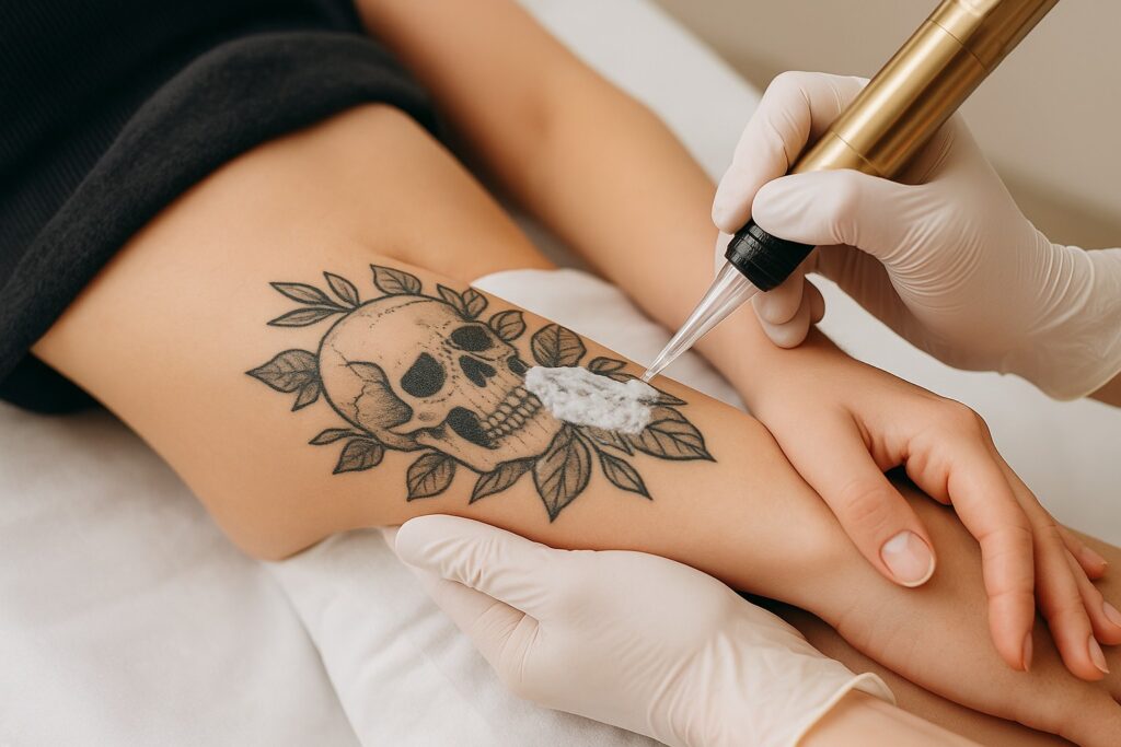 Professional verwijdert tattoo met saline techniek; witte zoutspray op zwart tattoo ontwerp op onderarm.