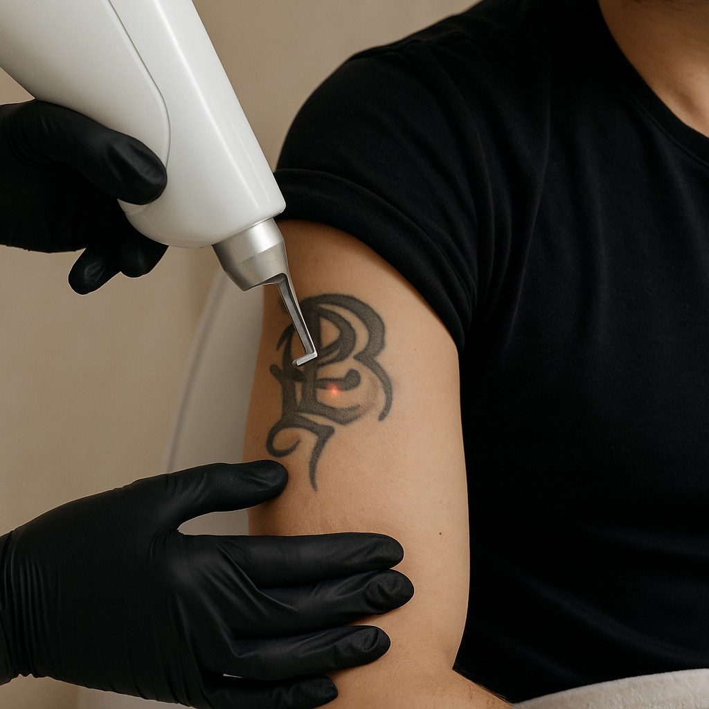 Close-up van een laserbehandeling voor tatoeageverwijdering op de bovenarm van een persoon met een zwarte tribal-tattoo.