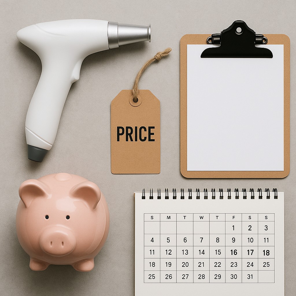 Flatlay met laserhandstuk, prijslabel, spaarvarken, clipboard en kalender symbolen voor kosten en planning.
