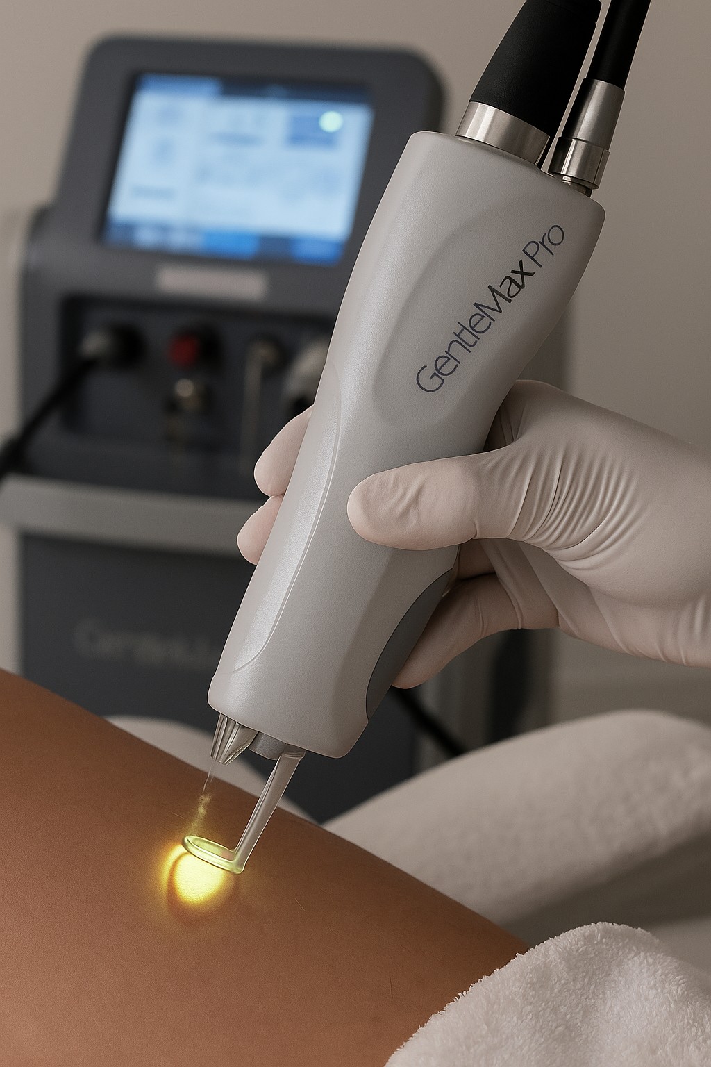Close up van een GentleMax Pro laserhandstuk dat een geel laserlampje afgeeft tijdens een behandeling op de huid.