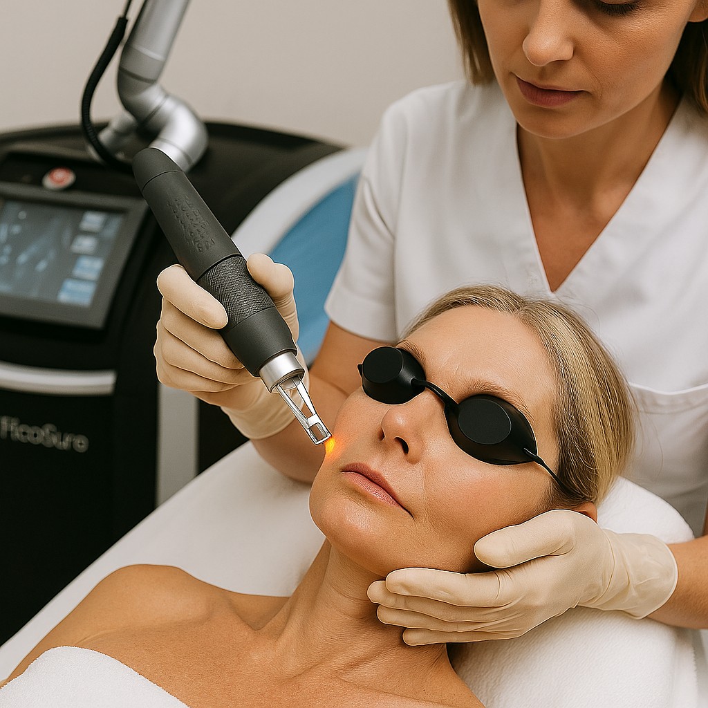 Specialist voert PicoWay laserbehandeling uit op gezicht van cliënt in moderne kliniek.