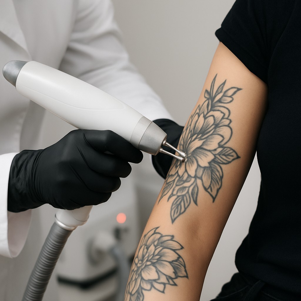 Close up van een specialist die met een laserhandstuk een tatoeage op een onderarm behandelt.