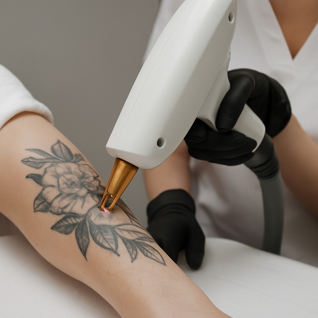 Close up van een specialist die met een laserhandstuk een tatoeage op een onderarm behandelt.