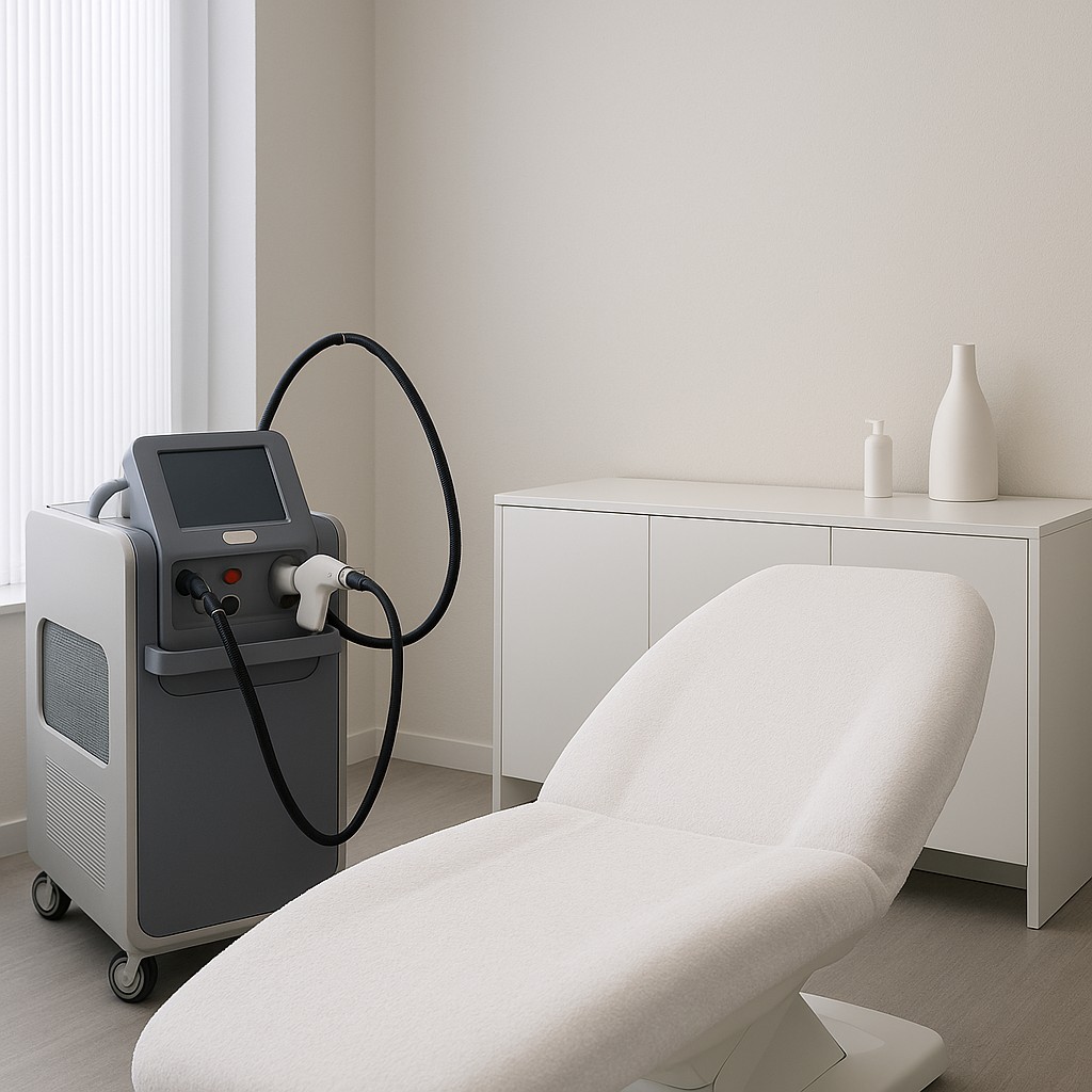 Moderne laserbehandelkamer met laserapparaat en behandelstoel in een lichte, minimalistische omgeving.