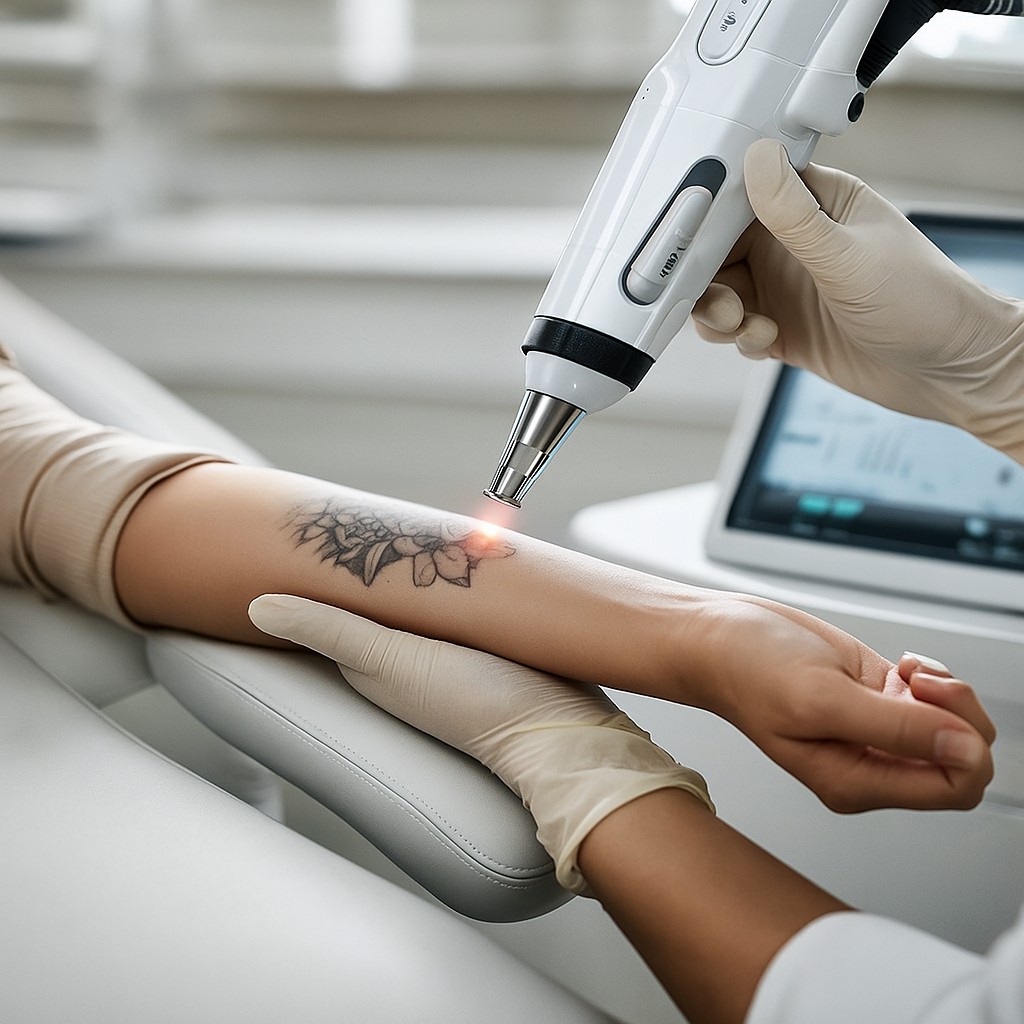 Laserbehandeling verwijdert tatoeage op onderarm in een professionele kliniek