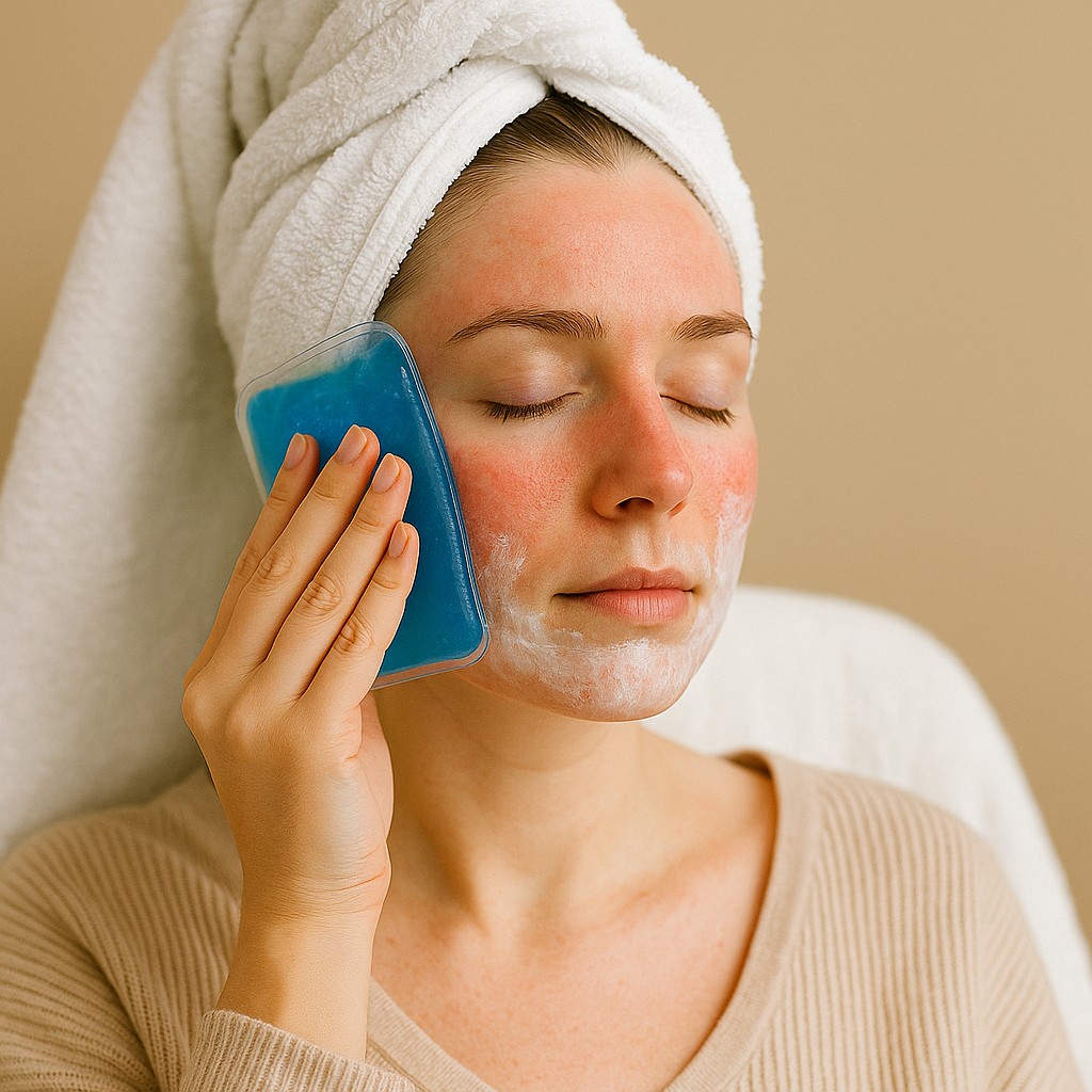 Vrouw met rode huid koelt haar gezicht met een cold pack na een gezichtsbehandeling.
