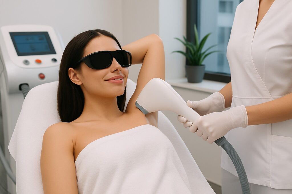 Vrouw krijgt professionele laserontharing van de oksel, uitgevoerd door een specialist in een moderne kliniek.