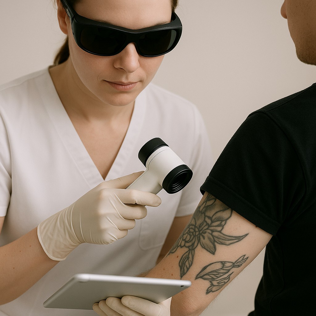 Een specialist onderzoekt een getatoeëerde arm met een huidscanner terwijl ze beschermende bril en handschoenen draagt.