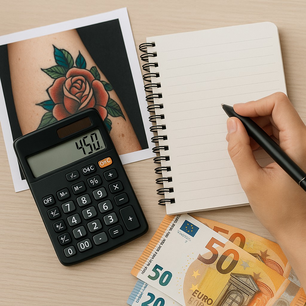 Hand schrijft in notitieboek naast foto van een tatoeage, rekenmachine en eurobiljetten.