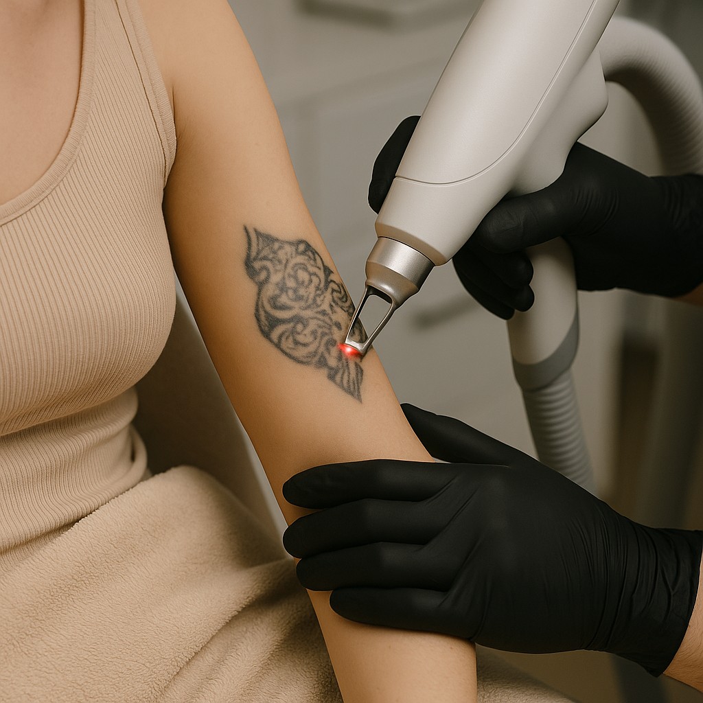 Specialist voert laserbehandeling uit om tatoeage te verwijderen op arm van cliënt.