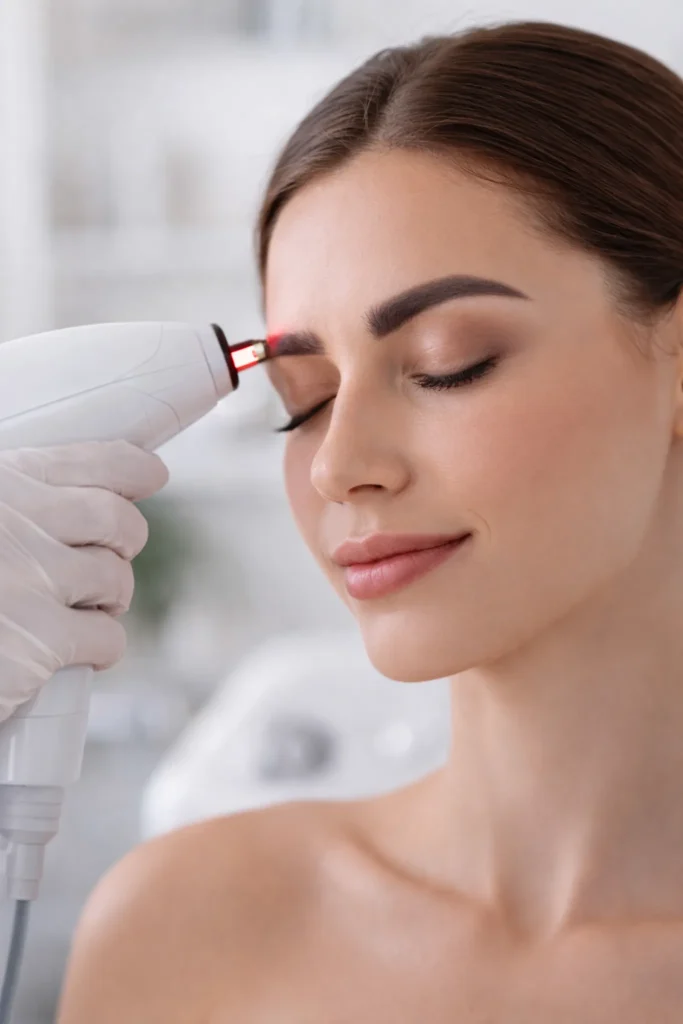 Close up van een cosmetische gezichtsbehandeling waarbij een specialist met handschoenen een laser/beauty apparaat op het voorhoofd van een vrouw plaatst; haar ogen zijn gesloten.
