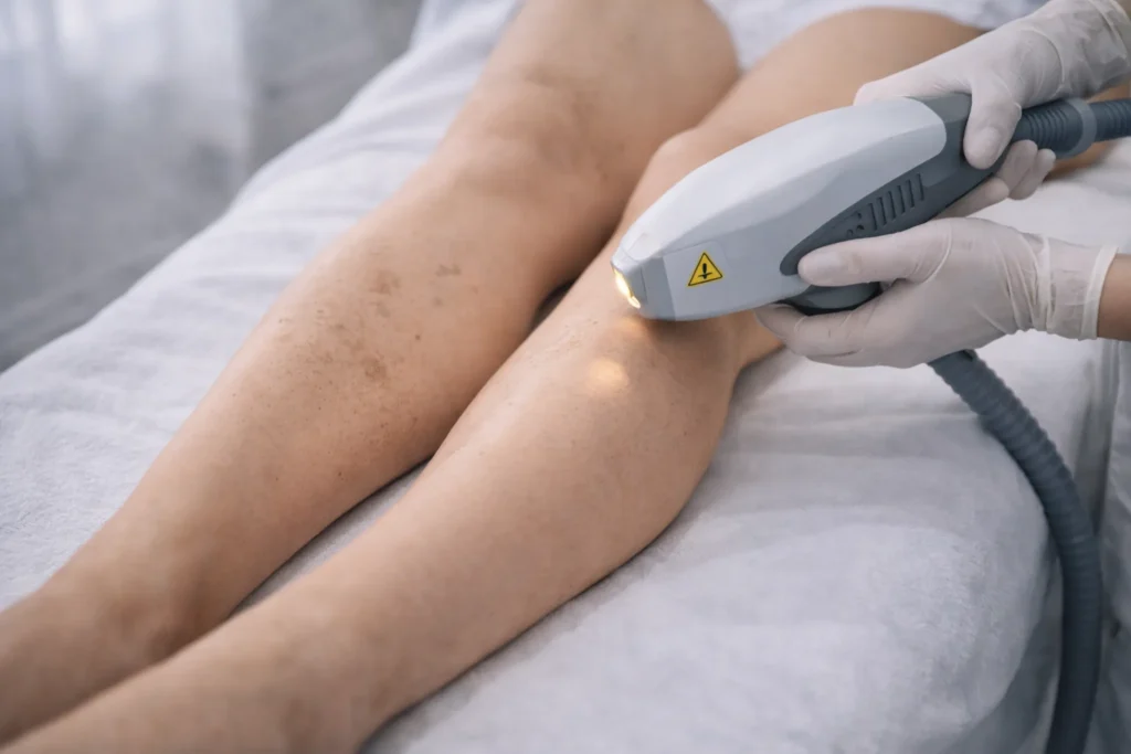 Laserontharing op het onderbeen in een kliniek, waarbij een behandelaar met handschoenen een laserhandstuk over het been beweegt voor een gelijkmatige behandeling.