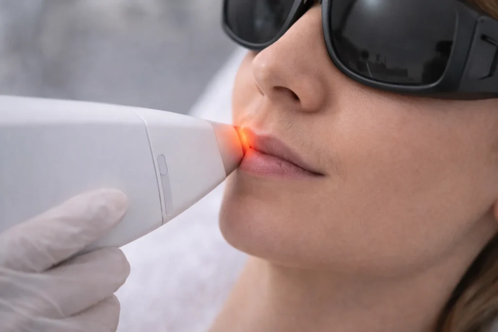 Close up van een bovenlip laserbehandeling waarbij een behandelaar met handschoenen een laserhandstuk op de bovenlip plaatst; de cliënt draagt een beschermende laserbril.