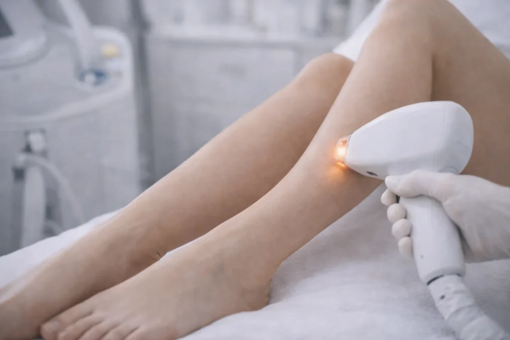 Laserbehandeling op het onderbeen in een kliniek, waarbij een behandelaar met handschoenen een laserhandstuk op de huid plaatst.