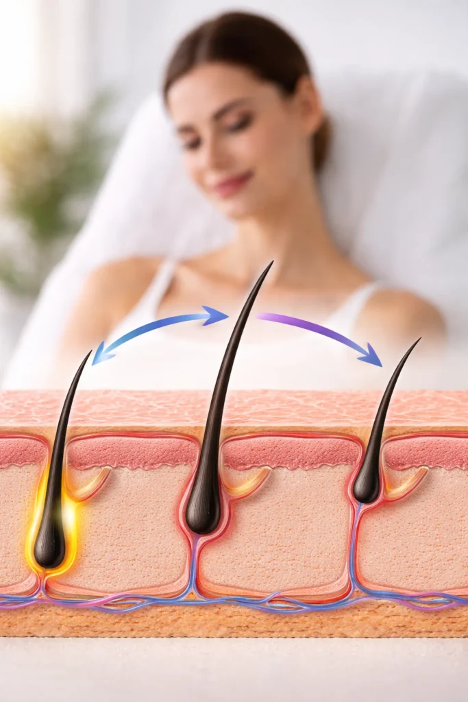Illustratie van een doorsnede van de huid met haarzakjes en pijlen die de haargroeicyclus tonen, met op de achtergrond een vrouw die ontspannen in een behandelstoel ligt.