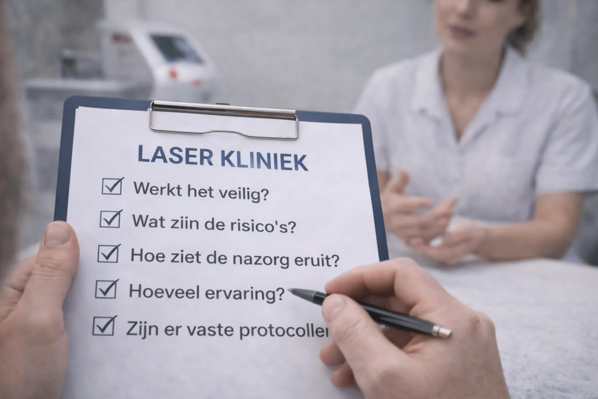 Close up van een checklist op een klembord met de titel “LASER KLINIEK” en vragen over veiligheid, risico’s, nazorg en ervaring, terwijl een klant met pen in de hand tegenover een specialist zit.