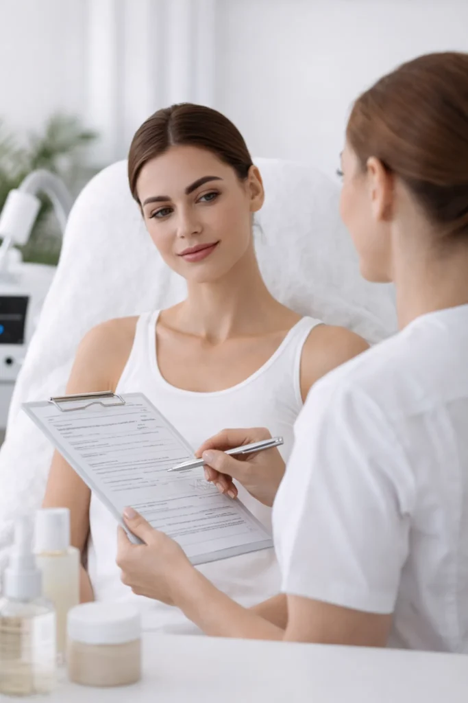 Intakegesprek in een cosmetische kliniek: een behandelaar bespreekt een formulier op een klembord met een klant die in een behandelstoel zit.