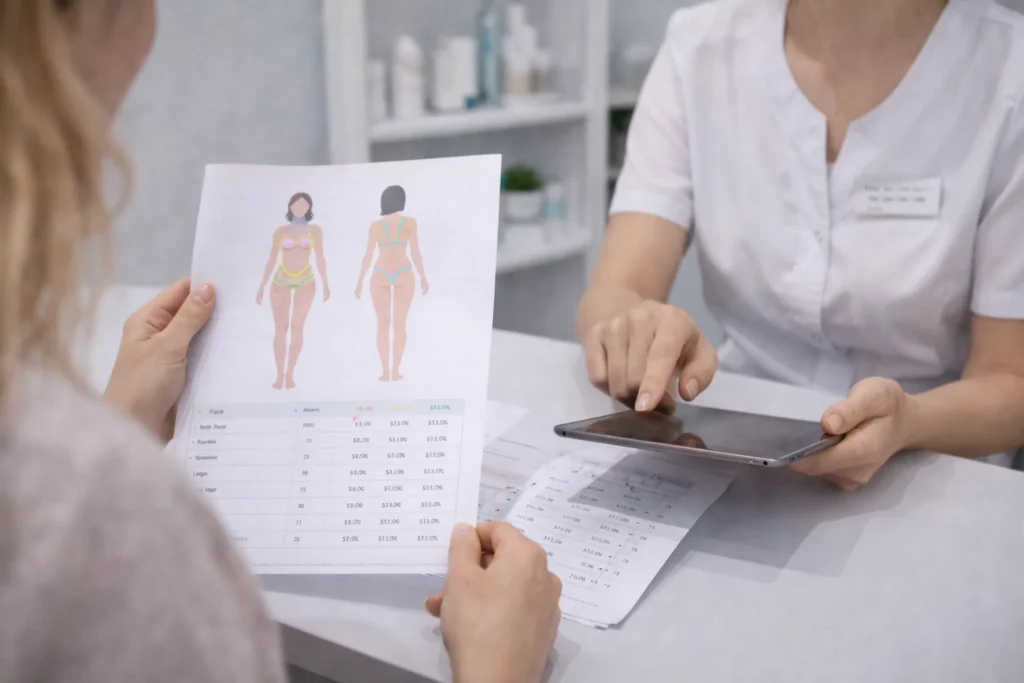 Klant bespreekt behandelpakketten in een laserkliniek tijdens een intake, terwijl de behandelaar met een tablet zones en planning uitlegt.