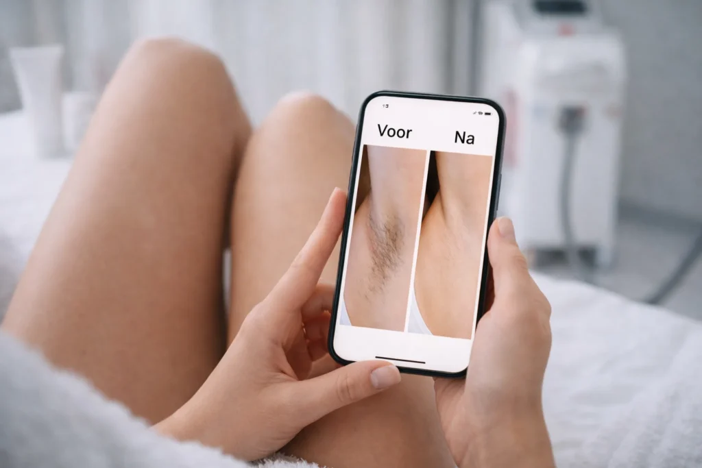 Handen houden een smartphone met een voor en na foto van okselhaar na laserbehandeling, met laserkliniek apparatuur onscherp op de achtergrond.