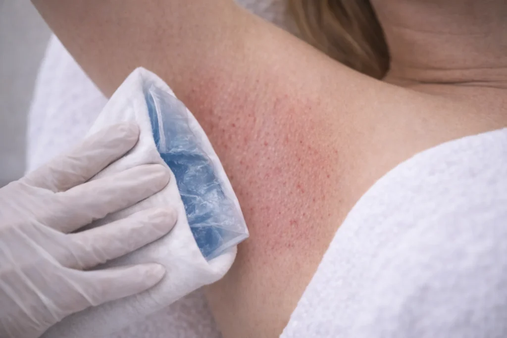 Oksel na laserontharing met lichte roodheid en kleine bultjes, terwijl een behandelaar met handschoenen een koelpack aanbrengt om de huid te kalmeren.