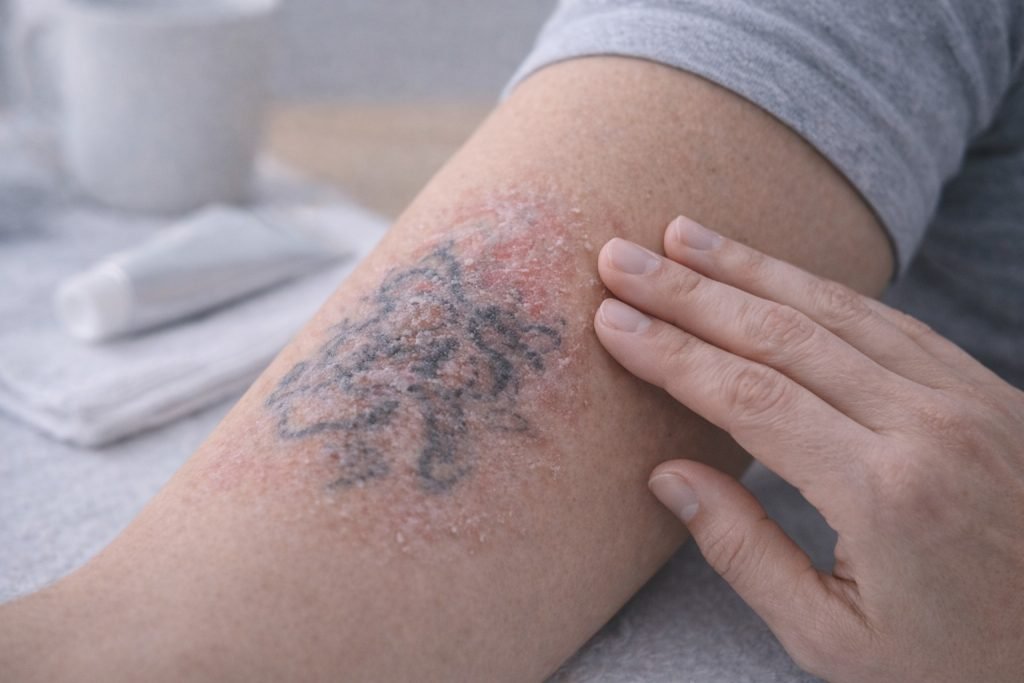 Close up van een arm met een vervagende tattoo en lichte roodheid en schilfering na een lasersessie, terwijl een hand de huid voorzichtig aanraakt tijdens herstel.